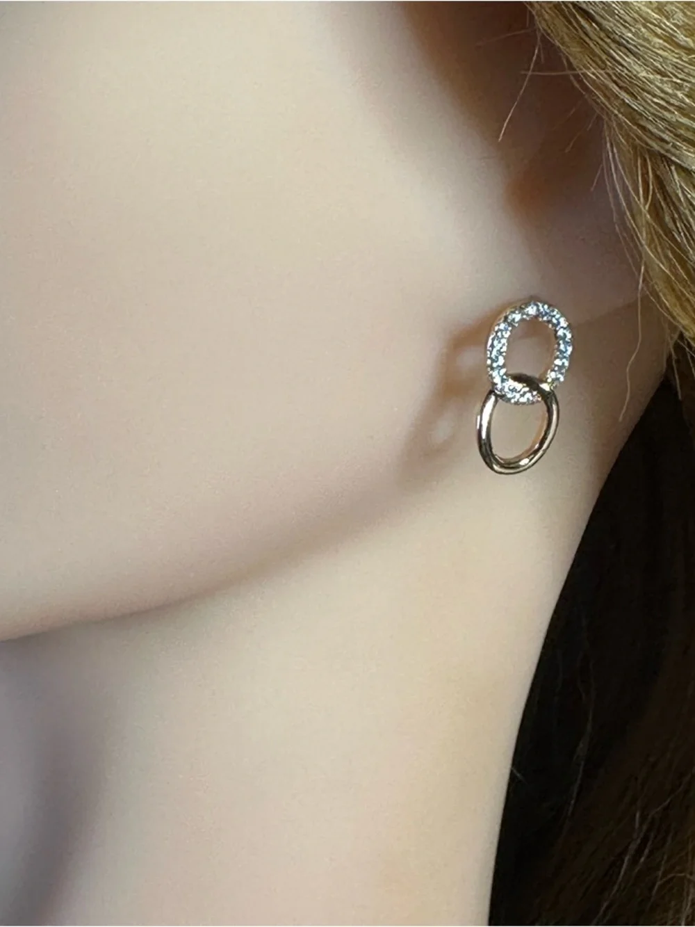 18K Gold Plated CZ Double Circle Stud Earrings | Linked Drop Style NWT